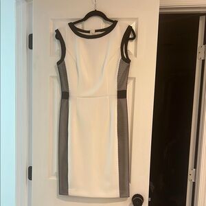 Calvin Klein Cream Sheath Dress with Sleeveless Design and Crew Neck